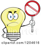 Happy Yellow Light Bulb Mascot Holding A Prohibited Sign