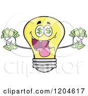 Rich Yellow Light Bulb Mascot Holding Cash 2