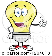 Happy Yellow Light Bulb Mascot Holding A Thumb Up