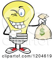 Winking Yellow Light Bulb Mascot Holding A Money Savings Bag