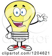 Happy Waving Yellow Light Bulb Mascot