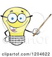 Happy Yellow Light Bulb Mascot Teacher Using A Pointer Stick 2