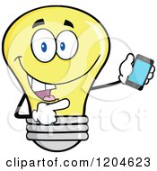 Poster, Art Print Of Happy Yellow Light Bulb Mascot Pointing To A Tablet Computer 2