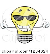 Happy Yellow Light Bulb Mascot Holding Two Thumbs Up And Wearing Shades