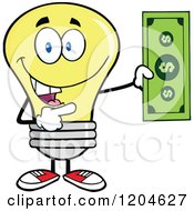 Happy Yellow Light Bulb Mascot Holding A Dollar Bill