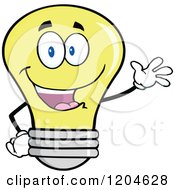Poster, Art Print Of Happy Yellow Light Bulb Mascot Waving