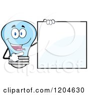 Happy Blue Light Bulb Mascot Pointing To A Sign 2