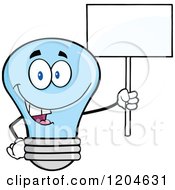 Happy Blue Light Bulb Mascot Holding A Sign 4