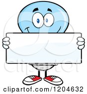 Cartoon Of A Happy Blue Light Bulb Mascot Holding A Sign Royalty Free Vector Clipart
