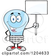 Happy Blue Light Bulb Mascot Holding A Sign 2