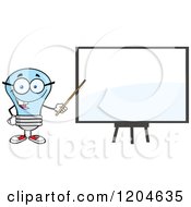 Cartoon Of A Happy Blue Light Bulb Mascot Teacher Pointing To A White Board Royalty Free Vector Clipart