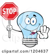 Happy Blue Light Bulb Mascot Holding A Stop Sign 2