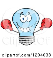 Happy Blue Light Bulb Mascot Fighter Wearing Boxing Gloves