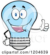 Happy Blue Light Bulb Mascot Holding A Thumb Up
