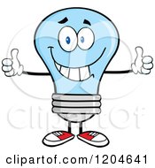 Cartoon Of A Happy Blue Light Bulb Mascot Holding Two Thumbs Up Royalty Free Vector Clipart