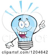 Cartoon Of A Happy Blue Light Bulb Mascot With An Idea Royalty Free Vector Clipart