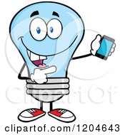 Poster, Art Print Of Happy Blue Light Bulb Mascot Pointing To A Tablet Computer