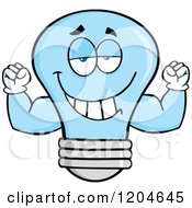 Poster, Art Print Of Happy Blue Light Bulb Mascot Flexing Muscles