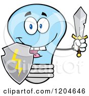 Happy Blue Light Bulb Mascot Guard With A Shield And Sword