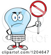 Mad Blue Light Bulb Mascot Holding A Forbidden Sign