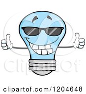 Happy Blue Light Bulb Mascot Holding Two Thumbs Up And Wearing Shades