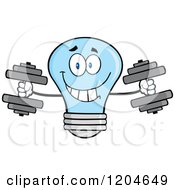 Poster, Art Print Of Happy Blue Light Bulb Mascot Weightlifting Dumbbells