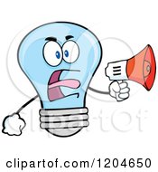 Blue Light Bulb Mascot Announcing With A Megaphone 2