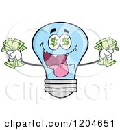 Rich Blue Light Bulb Mascot Holding Cash 2