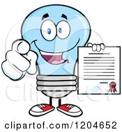 Happy Blue Light Bulb Mascot Pointing And Holding A Contract