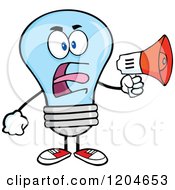 Poster, Art Print Of Blue Light Bulb Mascot Announcing With A Megaphone