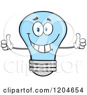Happy Blue Light Bulb Mascot Holding Two Thumbs Up