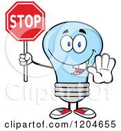 Happy Blue Light Bulb Mascot Holding A Stop Sign