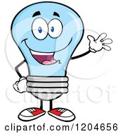 Poster, Art Print Of Happy Waving Blue Light Bulb Mascot