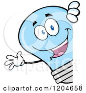 Happy Blue Light Bulb Mascot Waving Around A Sign