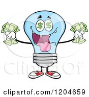 Rich Blue Light Bulb Mascot Holding Cash
