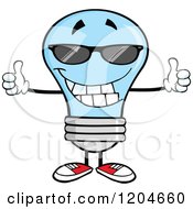Happy Blue Light Bulb Mascot Wearing Shades And Holding Two Thumbs Up