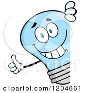 Happy Blue Light Bulb Mascot Holding A Thumb Up Around A Sign