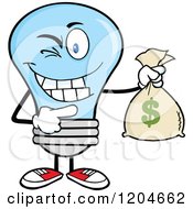 Winking Blue Light Bulb Mascot Holding A Money Savings Bag