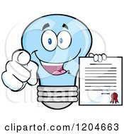 Happy Blue Light Bulb Mascot Pointing And Holding A Contract 2