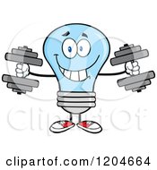 Happy Blue Light Bulb Mascot Lifting Dumbbell Weights