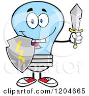 Happy Blue Light Bulb Mascot With A Sword And Shield