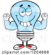 Cartoon Of A Happy Blue Light Bulb Mascot Flexing Royalty Free Vector Clipart by Hit Toon