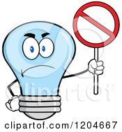 Happy Blue Light Bulb Mascot Holding A Prohibited Sign