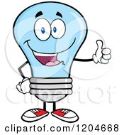Happy Blue Light Bulb Mascot Holding A Thumb Up