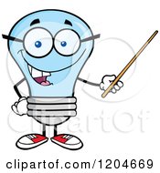 Happy Blue Light Bulb Mascot Teacher Using A Pointer Stick 2