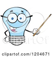 Happy Blue Light Bulb Mascot Teacher Using A Pointer Stick
