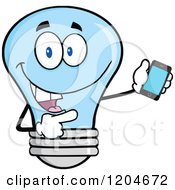 Poster, Art Print Of Happy Blue Light Bulb Mascot Pointing To A Tablet Computer 2