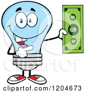 Happy Blue Light Bulb Mascot Holding A Dollar Bill 2