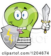 Cartoon Of A Happy Green Light Bulb Mascot Guard With A Shield And Sword Royalty Free Vector Clipart