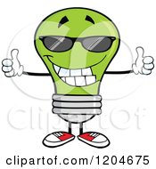Happy Green Light Bulb Mascot Wearing Sunglasses And Holding Two Thumbs Up